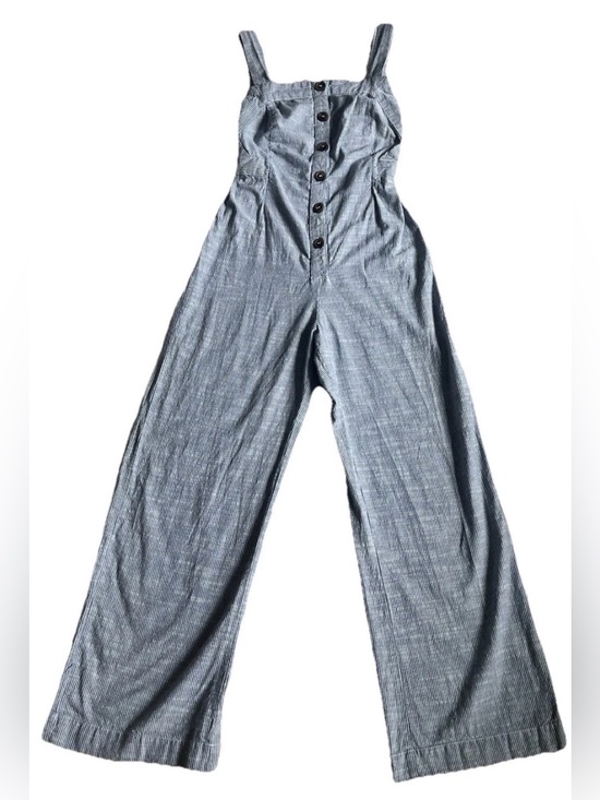 Japna Pants - Japna Blue & White Striped Button-Front Wide-Leg Square-Neck Jumpsuit